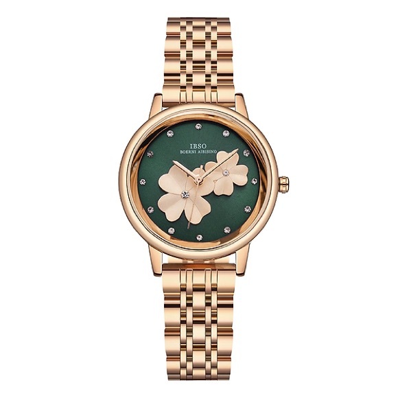 Clover 3D Luxury Green Rhinestone Dial Leather Strap Flower Geneva Wrist Watch - Picture 2 of 5